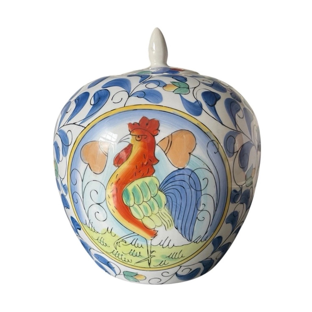 Rooster Ceramic Ginger Jar Blue White Finial Lid Italian Folk Art Farmhouse - Picture 5 of 6